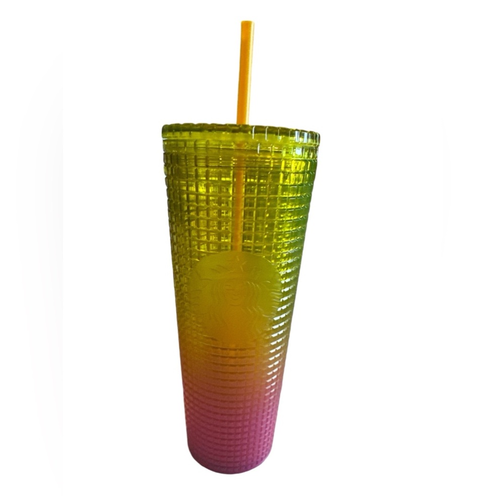 Starbucks Summer 2022 Yellow Pink Lemon Gradient Grid Tumbler Cup 24oz NWT